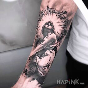 Tattoo In the circle On the arm motif: characters style: realistic