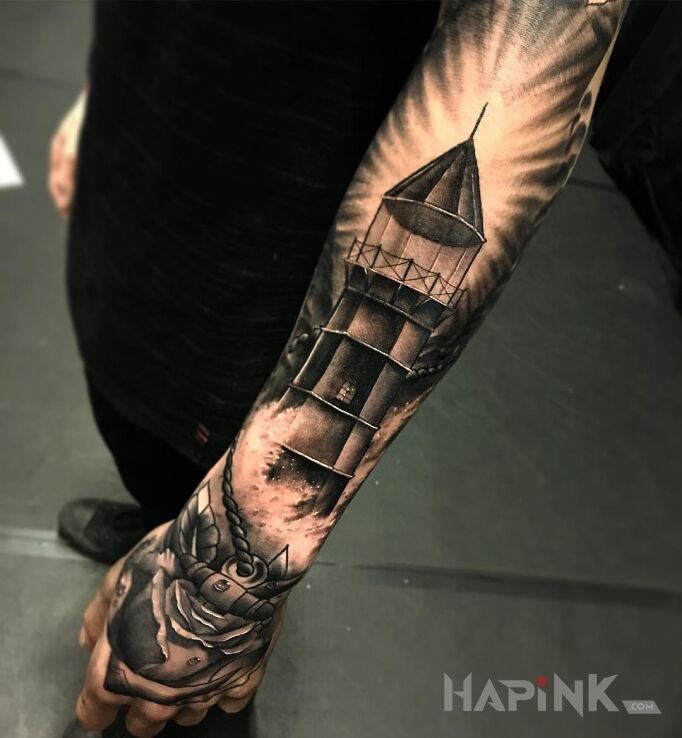 Tattoo Latarnia in sleeves motif and realistic style on the hand