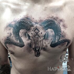 Tattoo Runic skull of a horned creature :D on the chest motif: skulls style: realistic