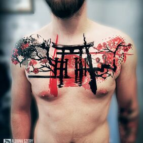 Tattoo Oriental Trash Polka on the collarbone motif: other style: trash polka