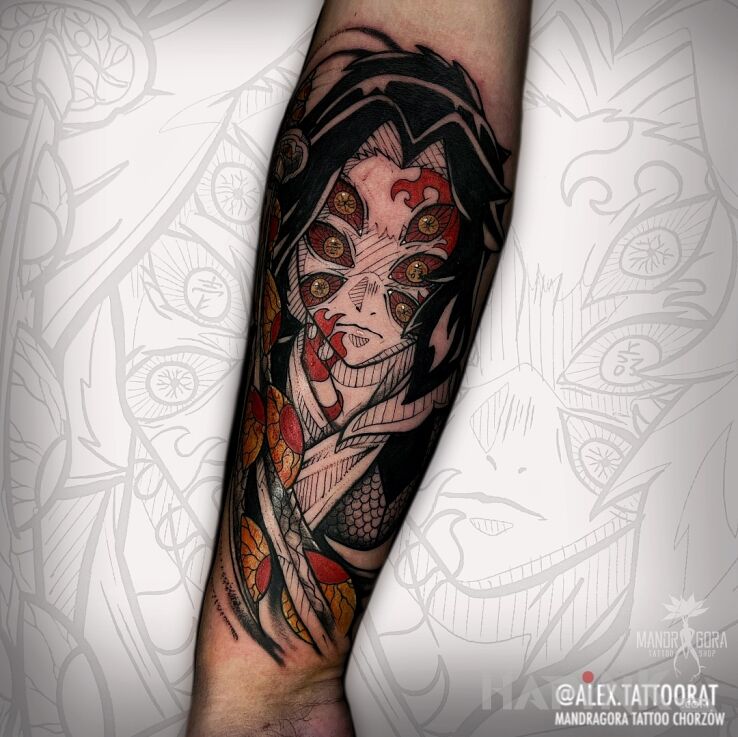Tattoo Kokushibou Demon Slayer in colorful motif and graphic / illustrative style on the forearm