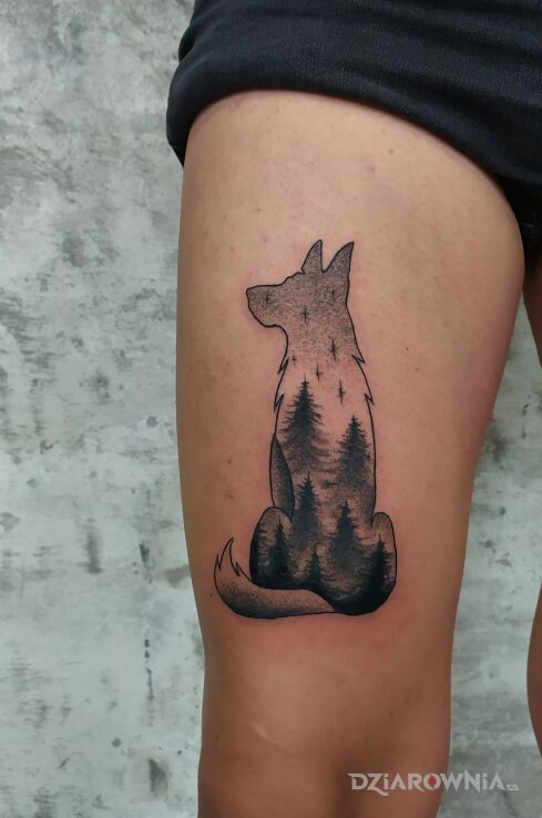 Tatuaż wolf w motywie zwierzęta i stylu graficzne / ilustracyjne na udzie