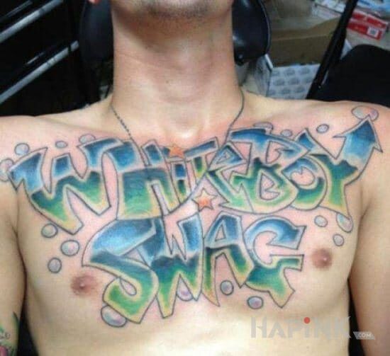 Tattoo White Boy Swag in lettering motif on the chest