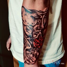 Tattoo Mask on the forearm motif: black and gray style: realistic