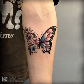 Tattoo Floral butterfly on the forearm motif: butterflies style: graphic / illustrative