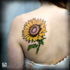 Tatuaż słonecznik na plecach, motyw: kwiaty, styl: rycinowe / grawiurowe
