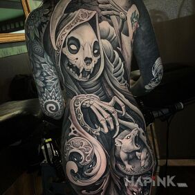 Tattoo The Grim Reaper and her strange skull on the thigh motif: 3D style: realistic