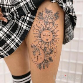 Tattoo Day and night on the leg motif: flowers style: graphic / illustrative