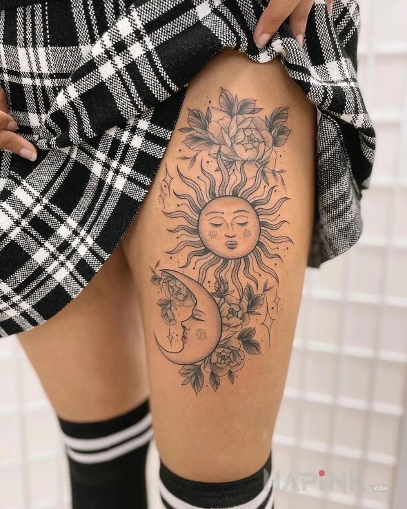 Tattoo Dzień i noc in black and gray motif and graphic / illustrative style on the leg