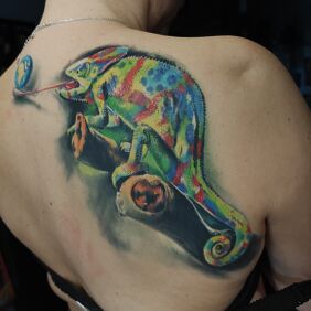 Tattoo Chameleon on the back motif: colorful style: realistic