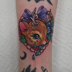 Tattoo Sad little deer on the forearm motif: colorful style: newschool