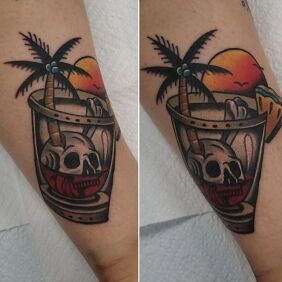Tattoo Drink on the leg motif: skulls style: oldschool