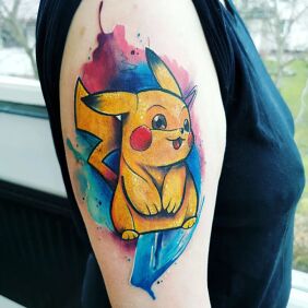 Tattoo Pikachu On the arm motif: characters style: Watercolor