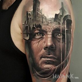 Tattoo A bombed-out city on the upper arm motif: 3D style: realistic