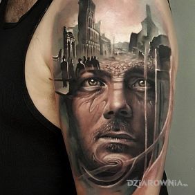 Tatuaż Zbombardowane miasto na ramieniu motyw: 3D styl: realistyczne