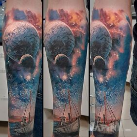 Tattoo Boat and space on the forearm motif: cosmos style: realistic