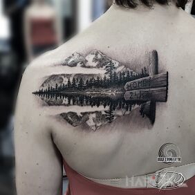 Tattoo Family home, mountains, rivers, valleys, life signpost :D on the shoulder blades motif: black and gray style: realistic