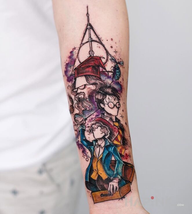 Tattoo Harry Potter in characters motif on the forearm
