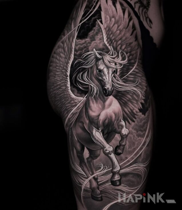 Tattoo Pegaz zbiera się do lotu in 3D motif and realistic style on the thigh