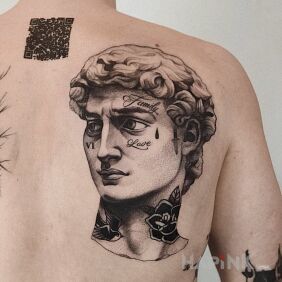 Tattoo DAVID on the shoulder blades motif: faces style: graphic / illustrative