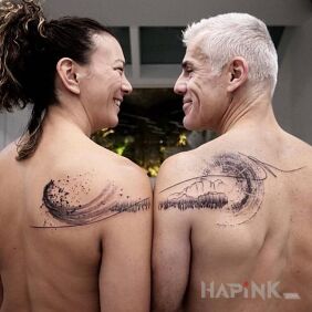 Tattoo She the sea, he the mountains on the back motif: black and gray style: graphic / illustrative
