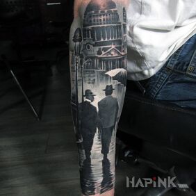 Tattoo In London on the forearm motif: characters style: realistic