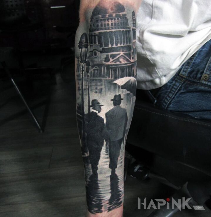 Tattoo W Londynie in characters motif and realistic style on the forearm