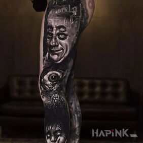 Tattoo The Addams Family on the leg motif: legsleeves style: realistic