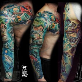Tattoo Marine sports sleeve on the bicep motif: nature style: realistic