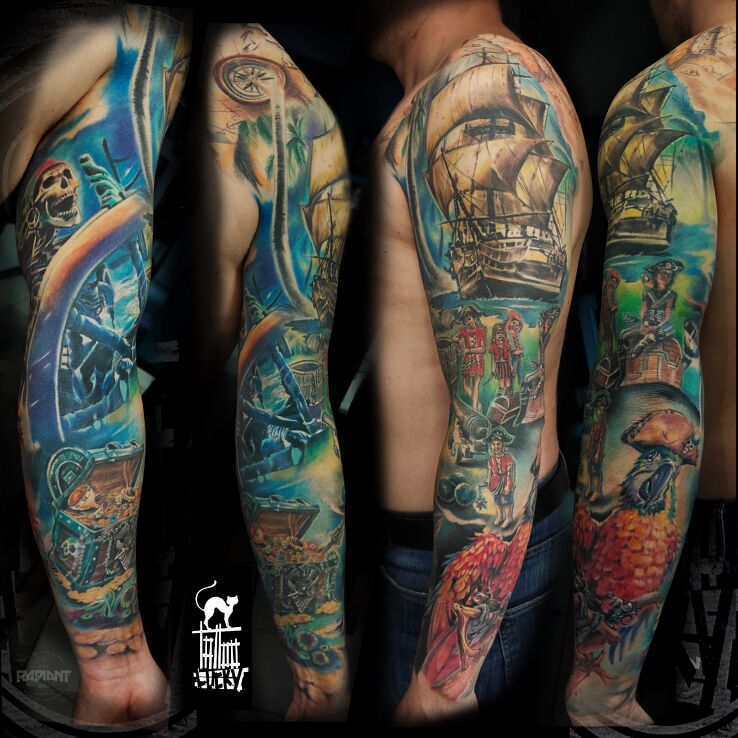 Tatuaż rękaw marynarski morski piraci w motywie rękawy i stylu realistyczne na ręce