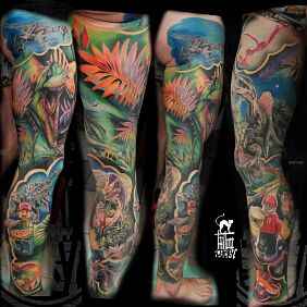 Tattoo Dino lego sleeve near the ankle motif: colorful style: realistic