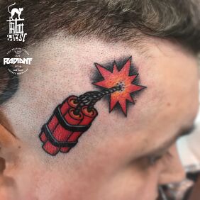 Tattoo Explosive boy on the head motif: colorful style: oldschool
