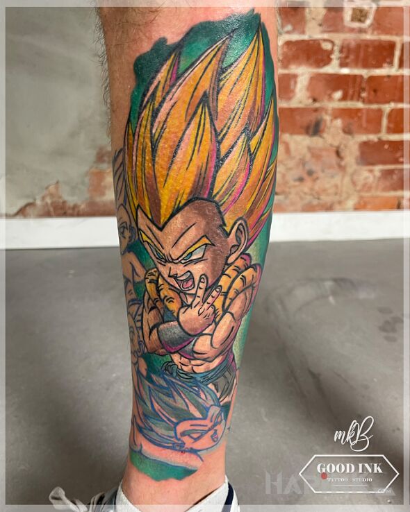 Tattoo Maciek in manga / anime motif and cartoon / comic book style on the calf