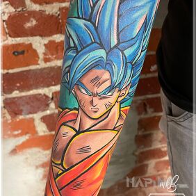 Tattoo Blue Hair DragonBall on the forearm motif: characters style: cartoon / comic book