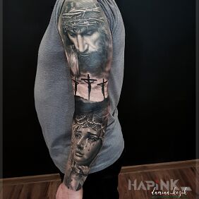 Tattoo Jesus at Golgotha on the forearm motif: sleeves style: realistic