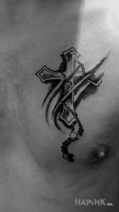 Tattoo Mój krzyż in black and gray motif and graphic / illustrative style on the chest