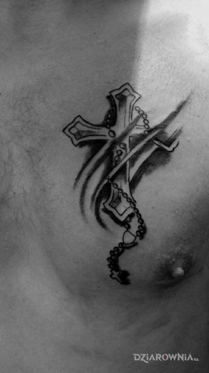 Tatuaż mój krzyż w motywie czarno-szare i stylu graficzne / ilustracyjne na klatce