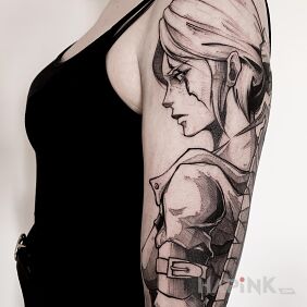 Tattoo Cirilla on the upper arm motif: black and gray style: sketch