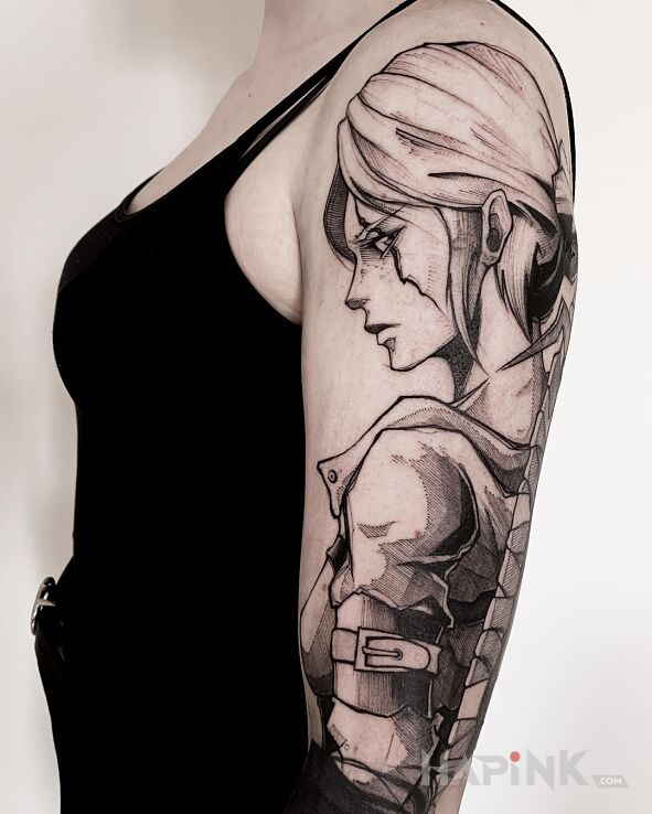 Tattoo Cirilla in fantasy motif and sketch style on the upper arm