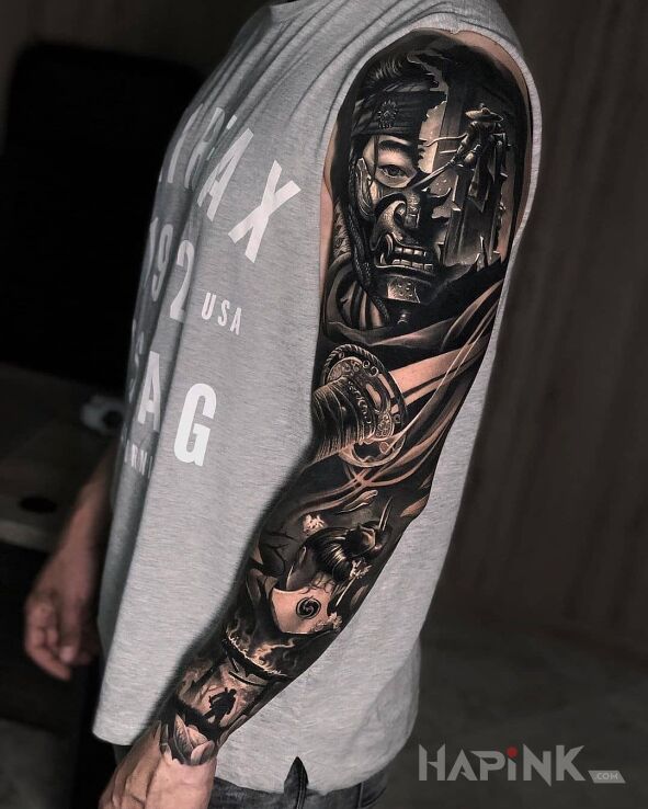 Tattoo Droga samuraja in black and gray motif and realistic style on the forearm