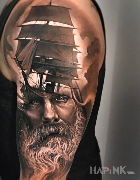 Tattoo Żeglarz in characters motif and realistic style on the upper arm