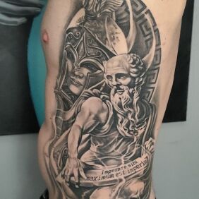 Tattoo The Ancients on the ribs motif: characters style: realistic
