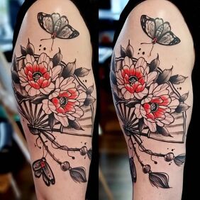 Tattoo Geisha fan with flowers On the arm motif: insects style: contour / linework