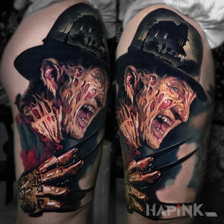 Tattoo Freddy Kruger in 3D motif on the leg