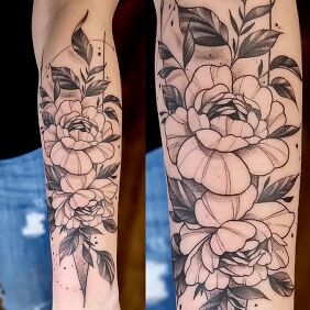 Tattoo Dotwork floral composition on the forearm motif: flowers style: graphic / illustrative