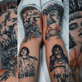Tattoo Feminine nature on the thigh motif: lettering style: calligraphy