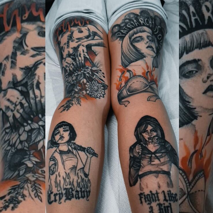 Tatuaż kobieca natura w motywie pozostałe i stylu dotwork na nodze