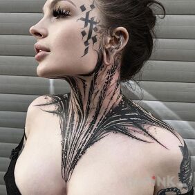 Tattoo Custom neck tattoo on the face motif: black and gray style: blackwork / blackout