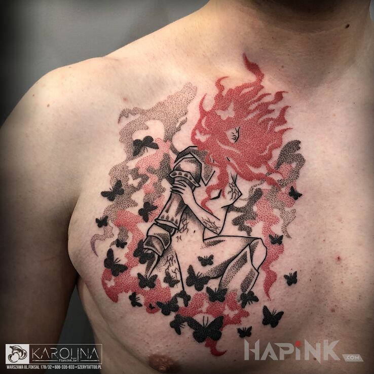 Tattoo Malenia z gry Elden Ring in fantasy motif and graphic / illustrative style on the chest
