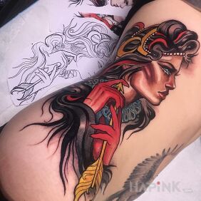 Tattoo Warrior Woman on the ribs motif: characters